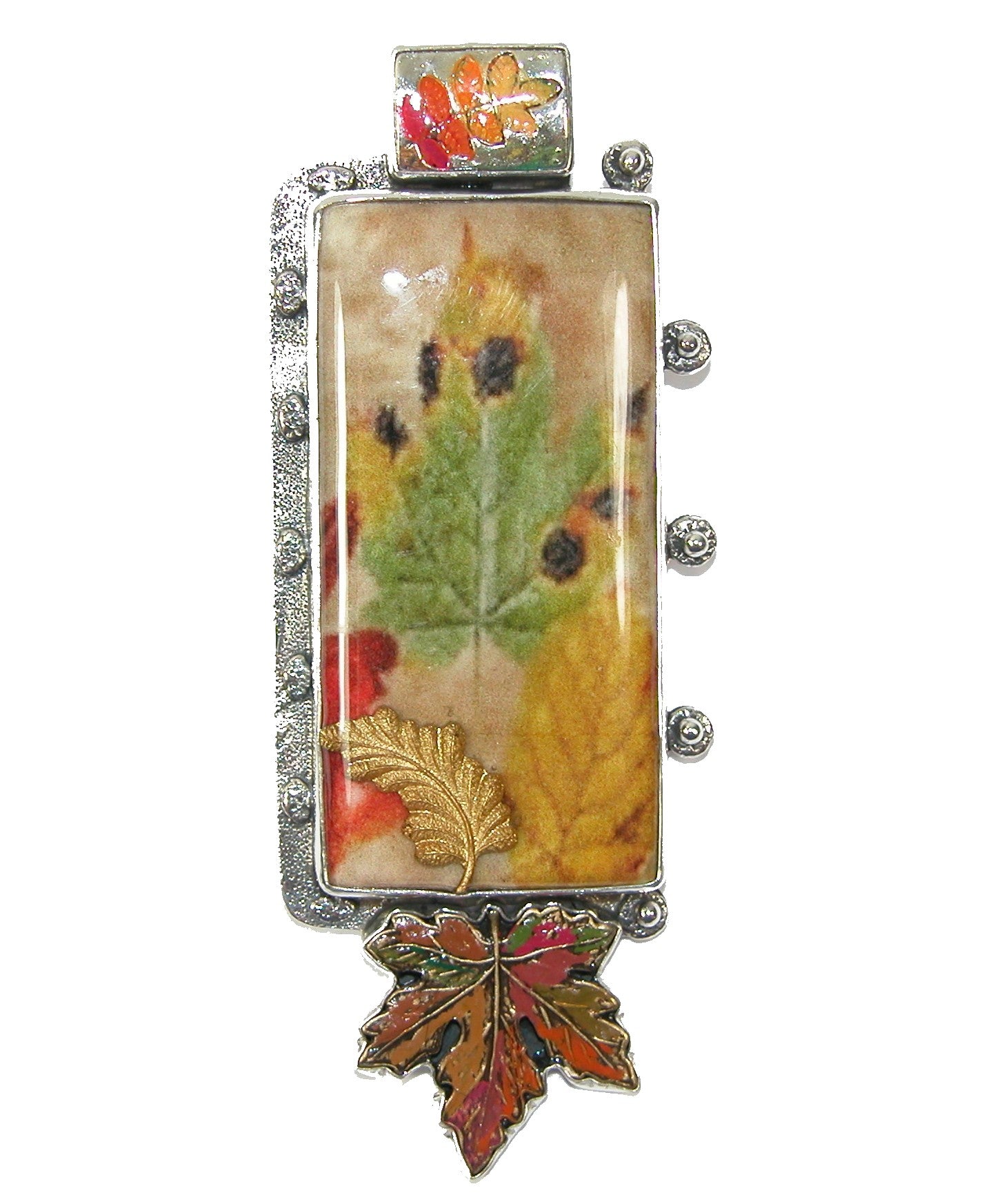 Handmade Tile Enamel Leaf Sterling Silver Pin Pendant