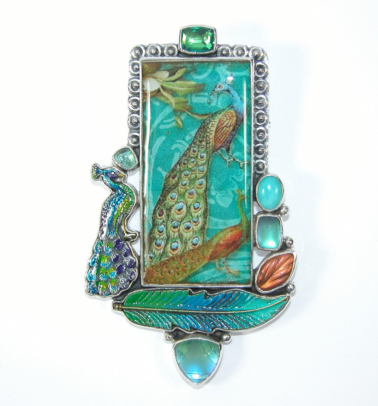Handmade Tile Czech Glass Blue Quartz Amazonite Sterling Silver Pin Pendant