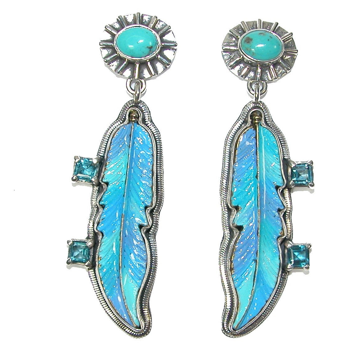 30171 Blue Topaz, Turquoise, Hand-Enameled Feather Sterling Silver Earrings