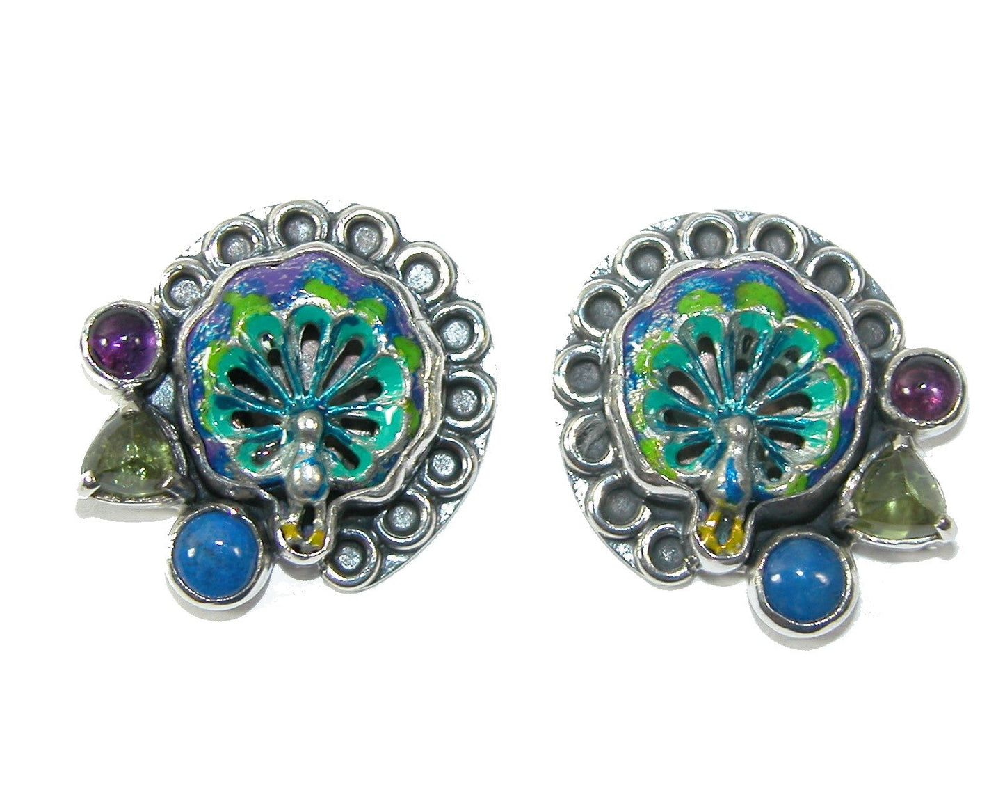 30174 Peacock Hand painted Enamel Amethysts Peridot Lapis Earring