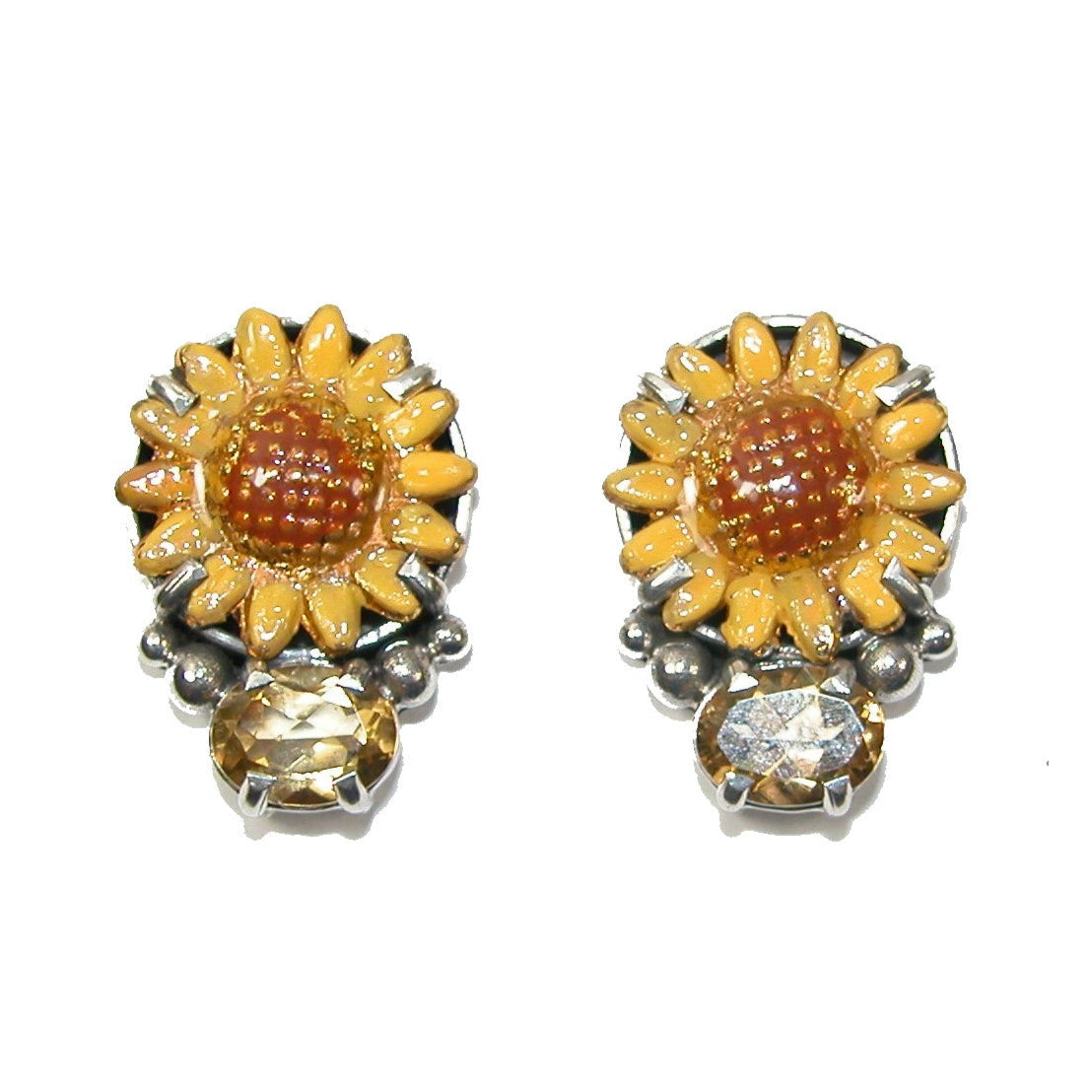 Citrine Hand Enameled Sunflower Sterling Silver Earrings