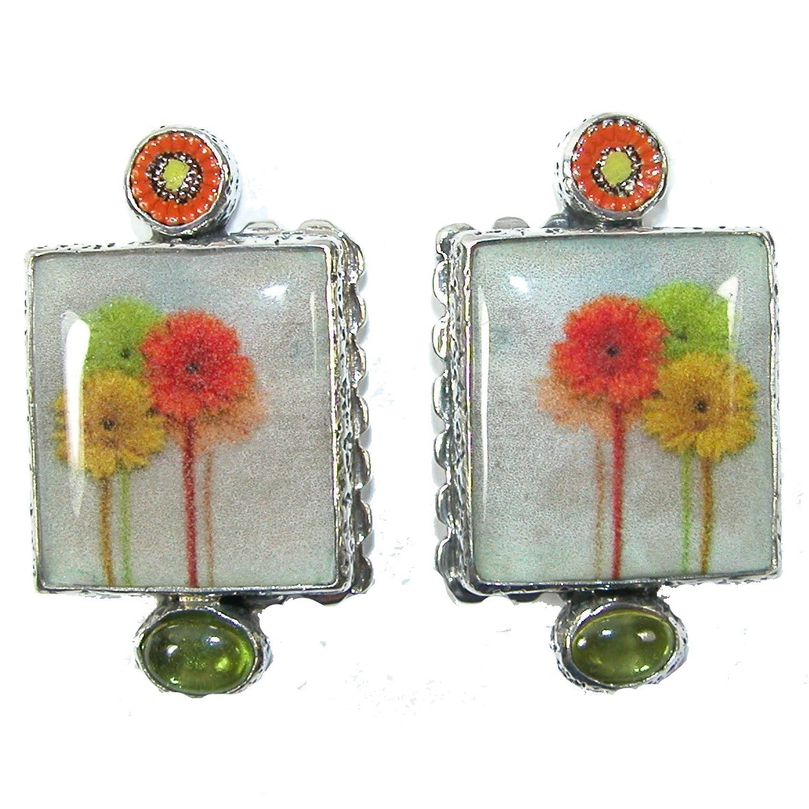 30183 Handmade Tile Enamel with Peridot Sterling Silver Earrings