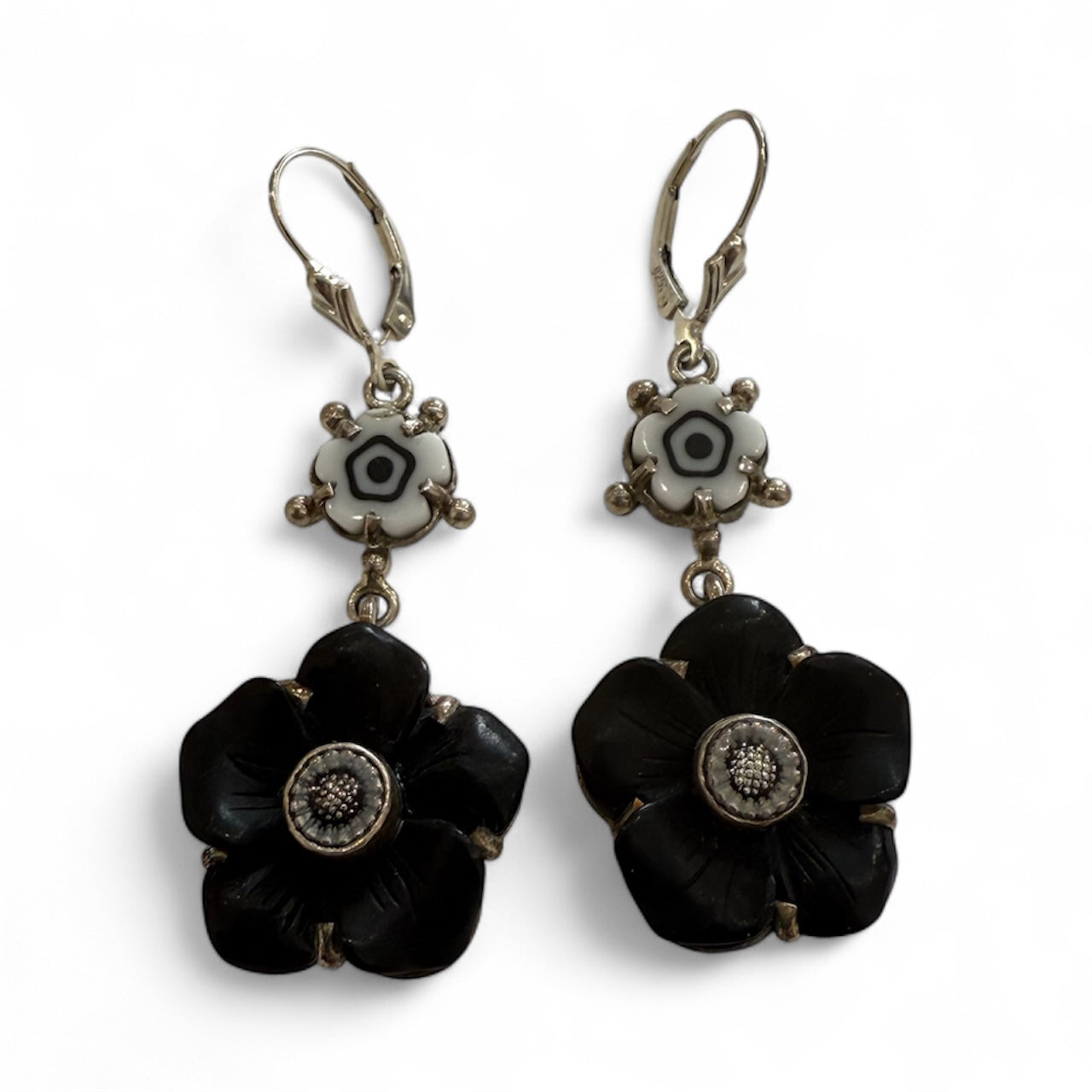 30520L Black Calcite Flower, Millefiori, Sterling Silver Earrings
