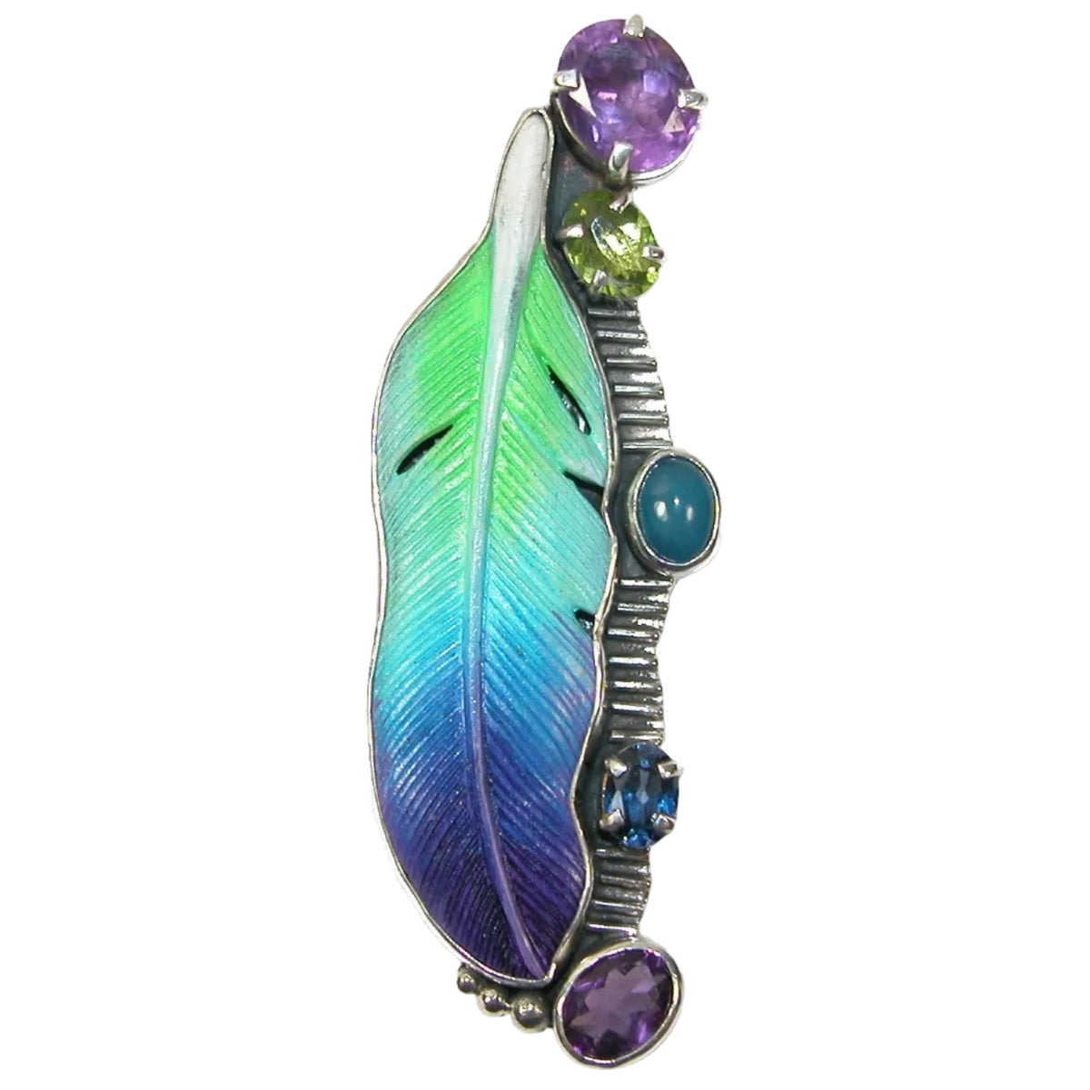30201A Carved Bone Feather with Amethyst, Peridot, Blue Onyx, Blue Quartz Pin Pendant
