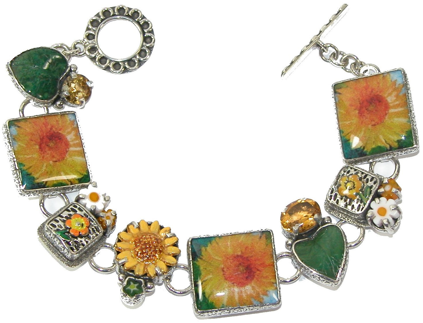 Handmade Sunflower Tile with Citrine Millefiori and Enamel