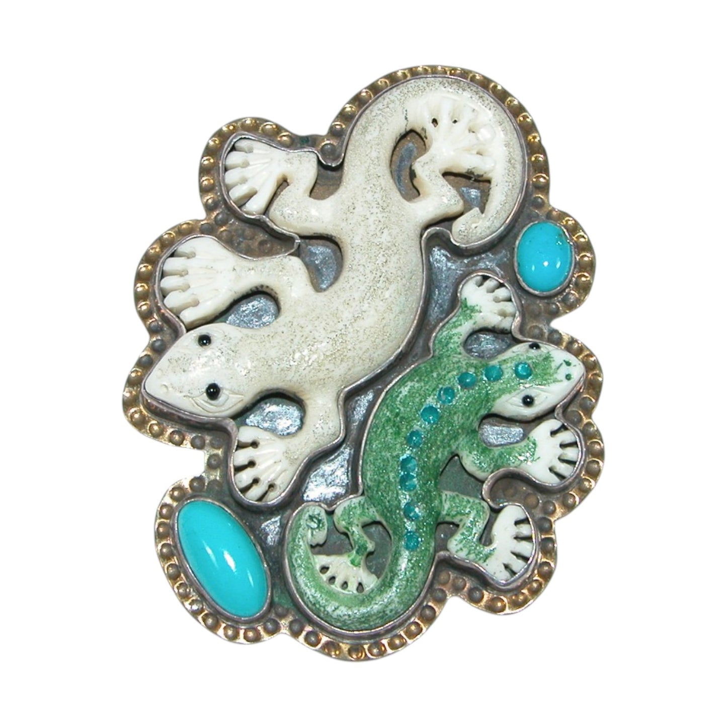 3026 Carved Bone, Turquoise Lizard Sterling Silver Pin and Pendant