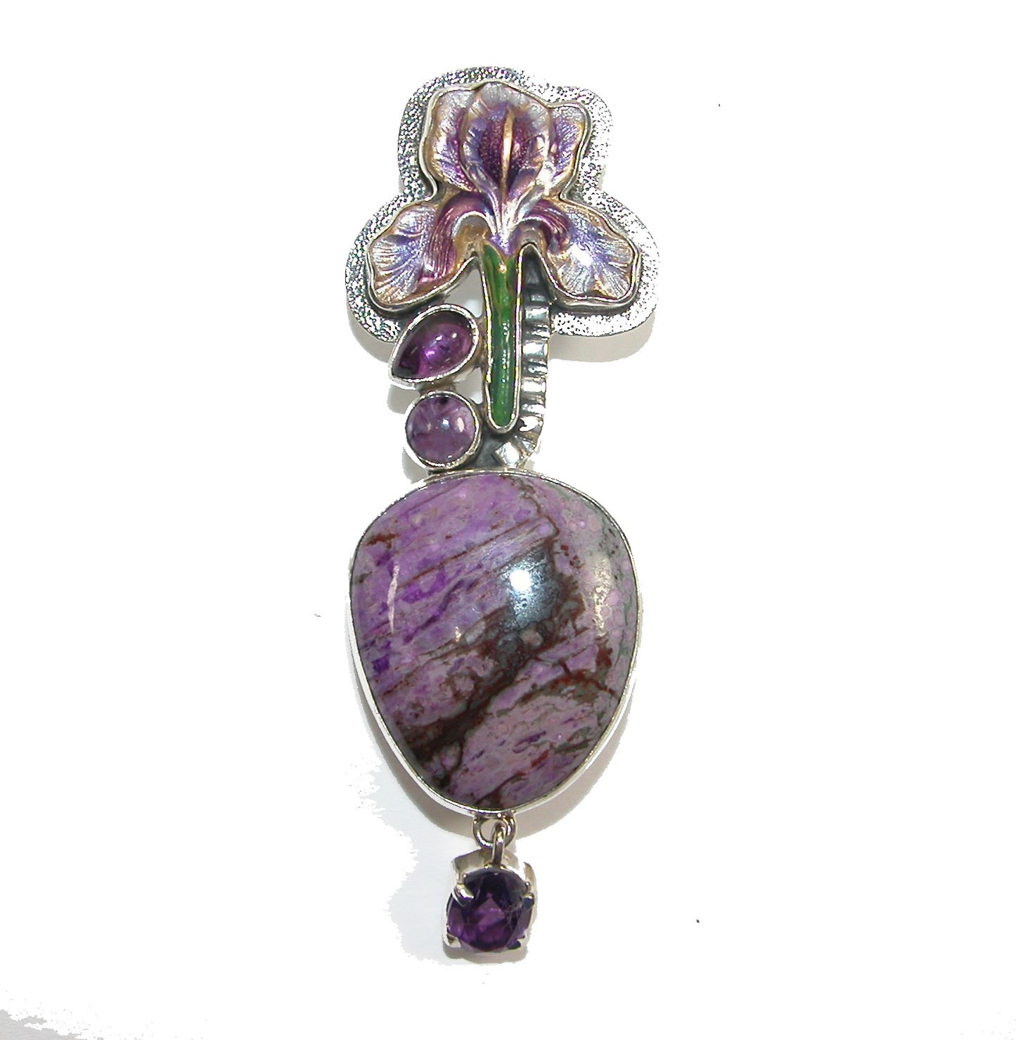 Hand-painted Enamel Iris with Sugilite Pin Pendant