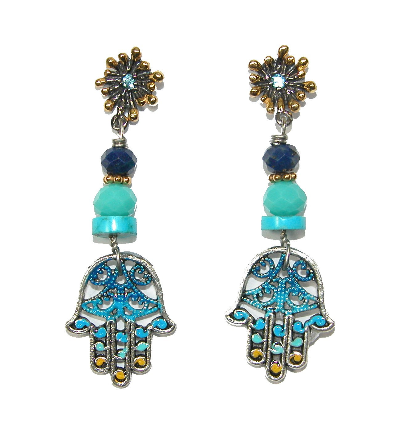 30318 Hand Enameled Hamsa, Turquoise, Lapis, Sterling Silver Earrings