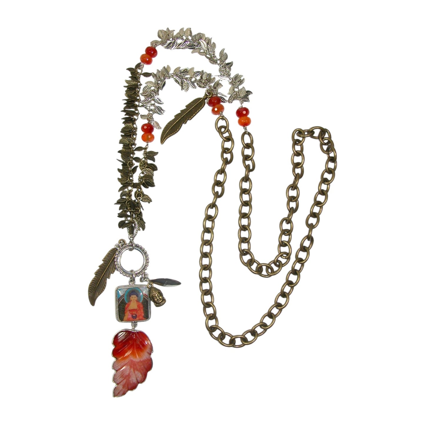 30337 Carved Leaf Carnelian Buddha Tile Beaded Sterling Silver Necklace