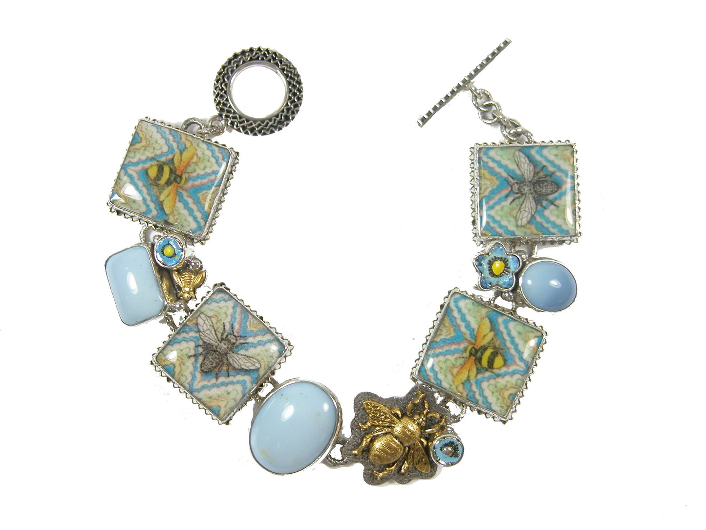 Handmade Bee Tile with Blue Opal Enamel Sterling Silver Bracelet
