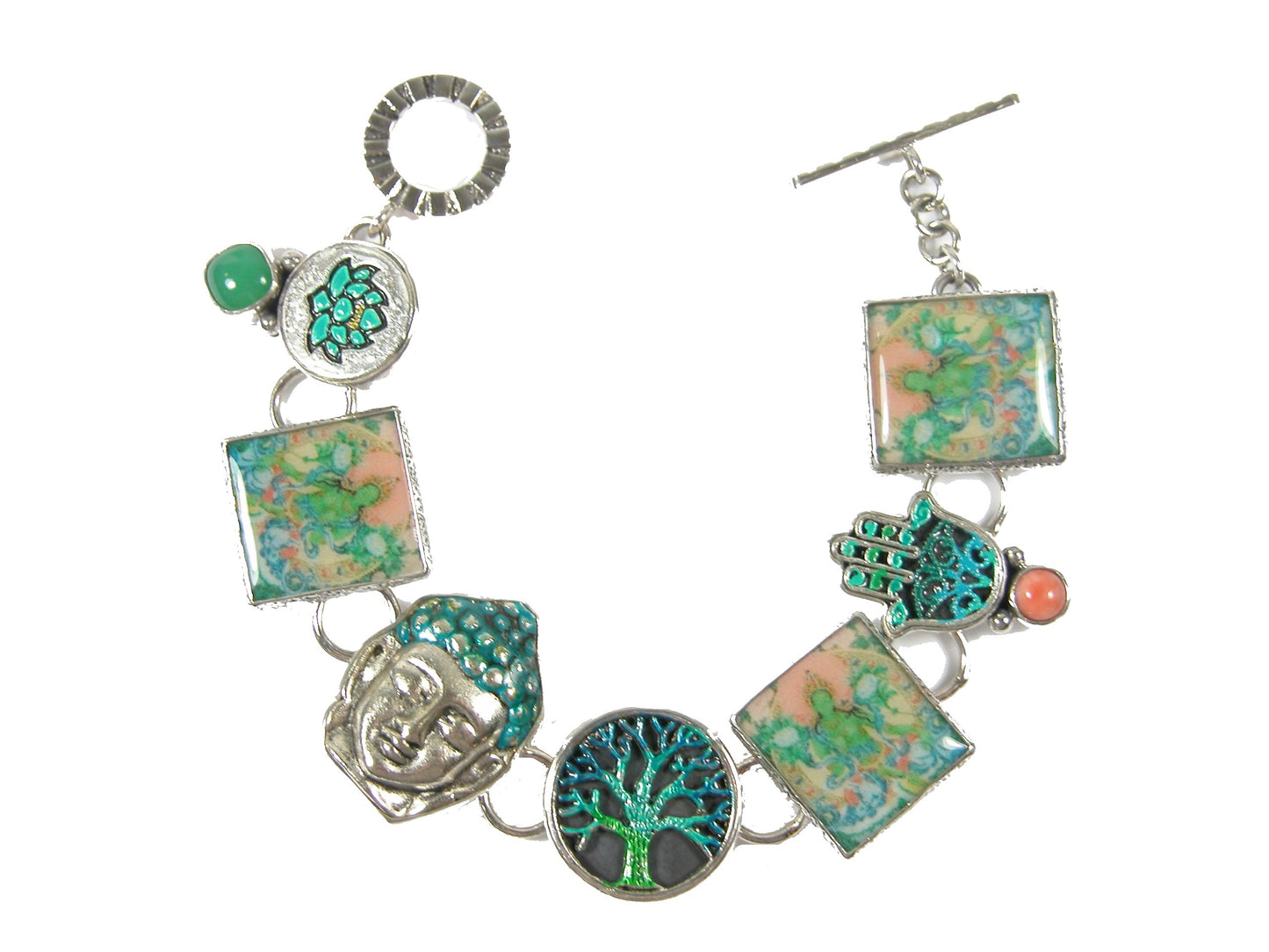 30374 Chrysoprase Coral Buddha Enamel Tile Sterling Silver Bracelet