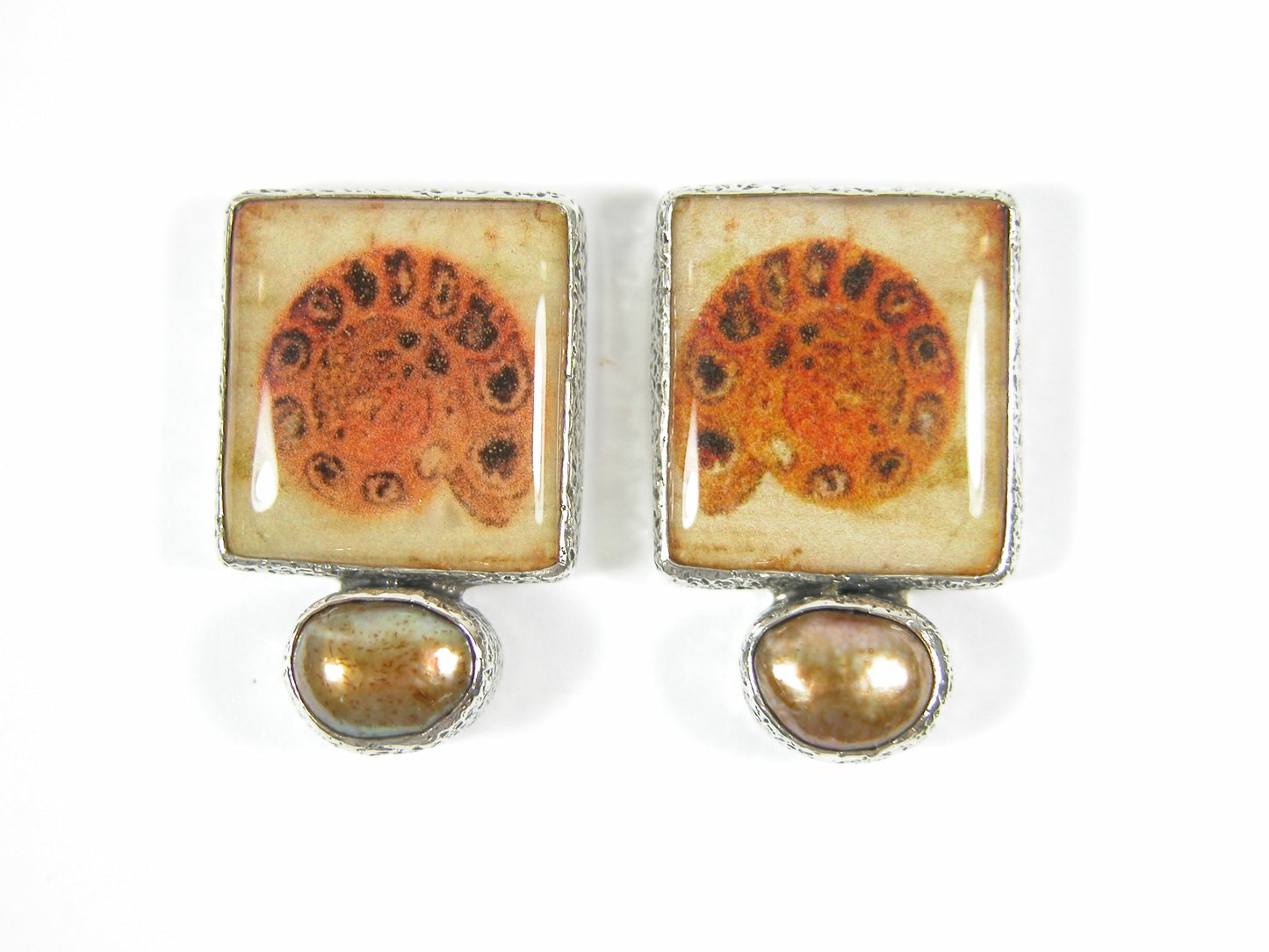 30382 Ammonite Tile Freshwater Pearl Sterling Silver Earring