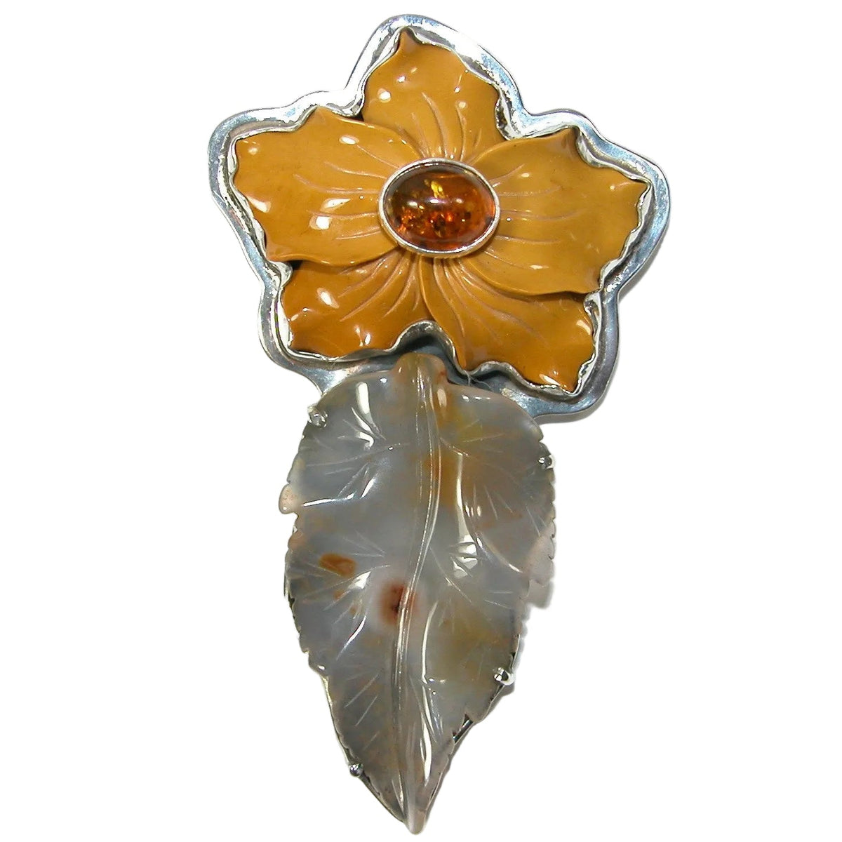 30383 Carved Flower and Leaf Agate, Amber Sterling Silver Pin and Pendant