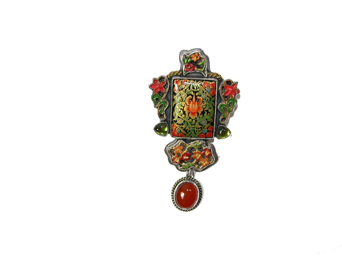 Hand Painted Miniature Carnelian Enamel Sterling Silver Pin Pendant