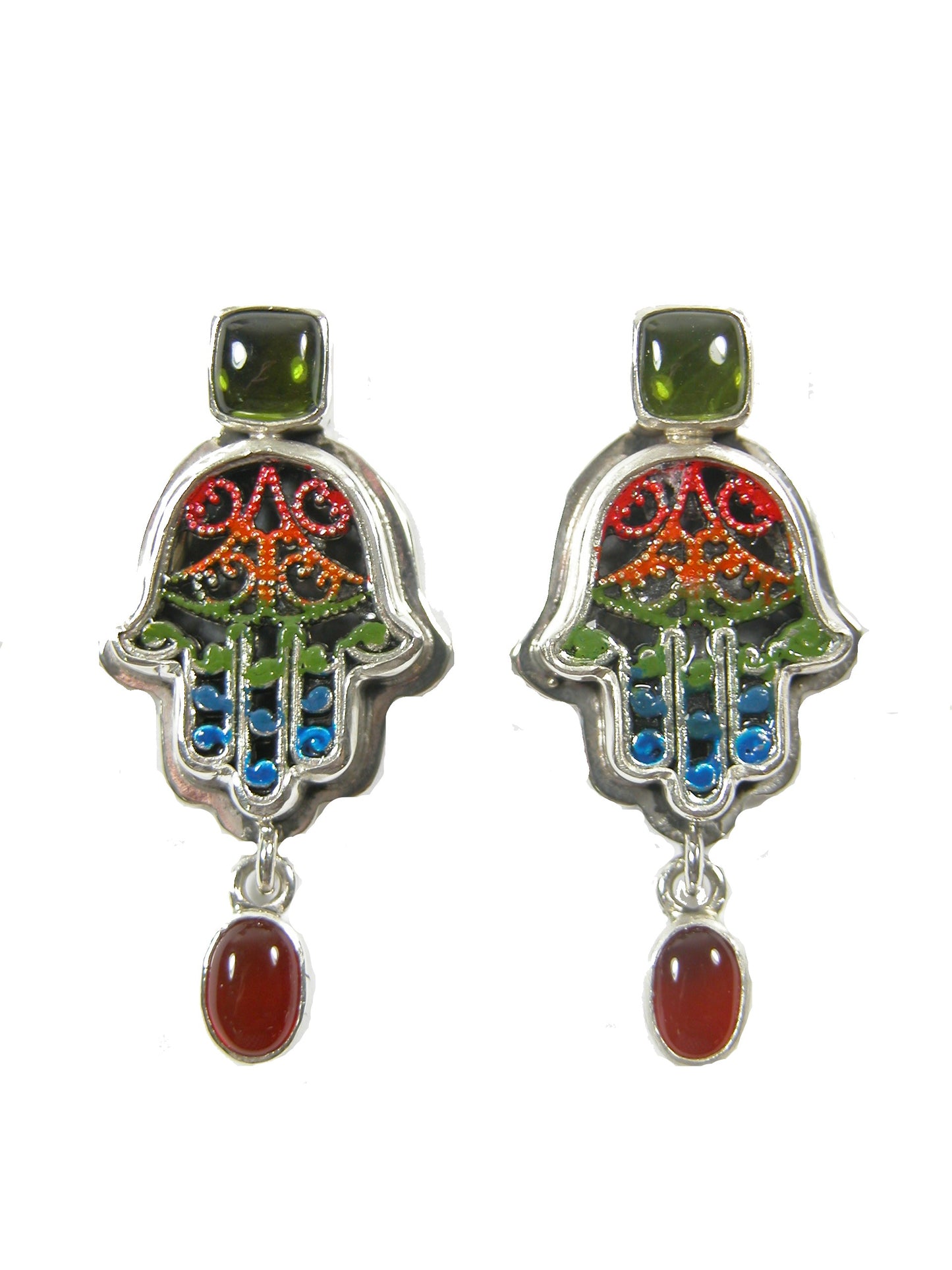 Vesuvianite Carnelian Enamel Hamsa Sterling Silver Earring