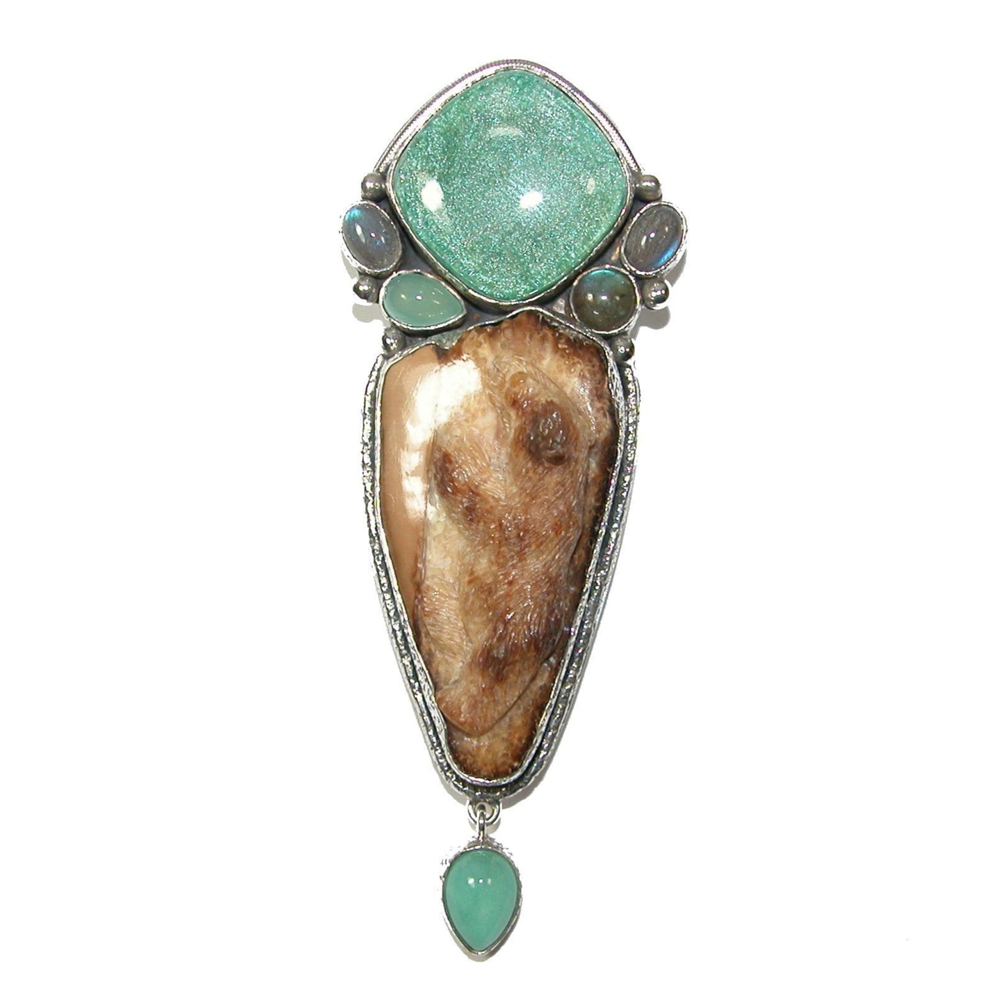 33170 Carved Fossil, Labradorite, Tapestry Under Quartz, Amazonite Bear Sterling Silver Pin and Pendant