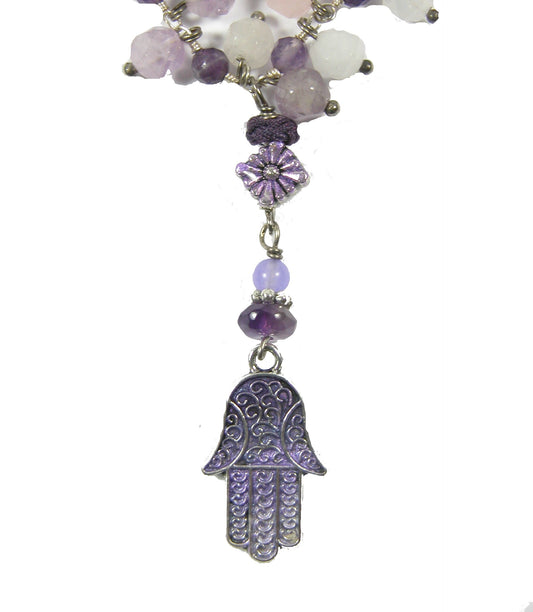30437B Purple Enamel Hamsa Pendant Fringe Necklace