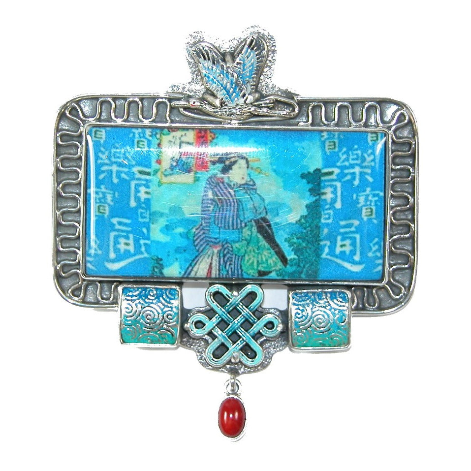 30468 Handmade Tile with Enamel and Carnelian Sterling Silver Pin Pendant