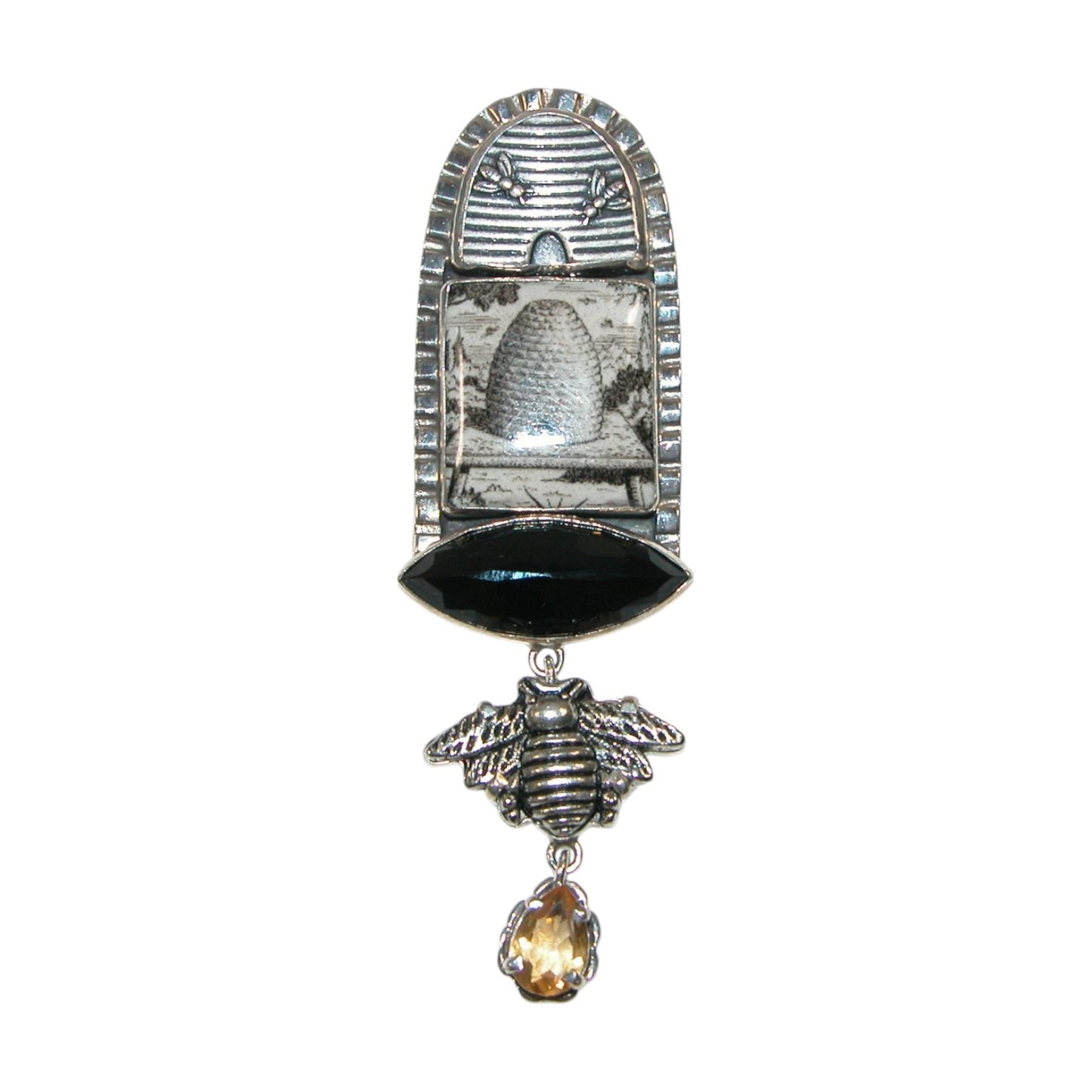 30471 Black Onyx, Citrine Bee Sterling Silver Pin and Pendant