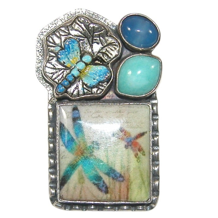 30473 Blue Onyx Enamel Dragonfly Sterling Silver Pin Pendant