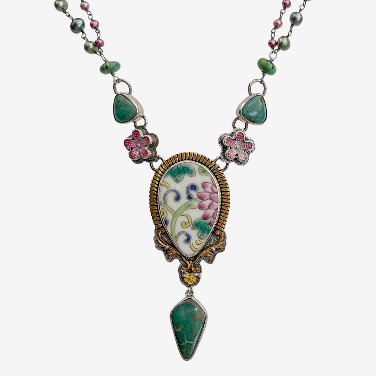 30477 Vintage Porcelain, Freshwater Pearl, Turquoise Beaded Necklace