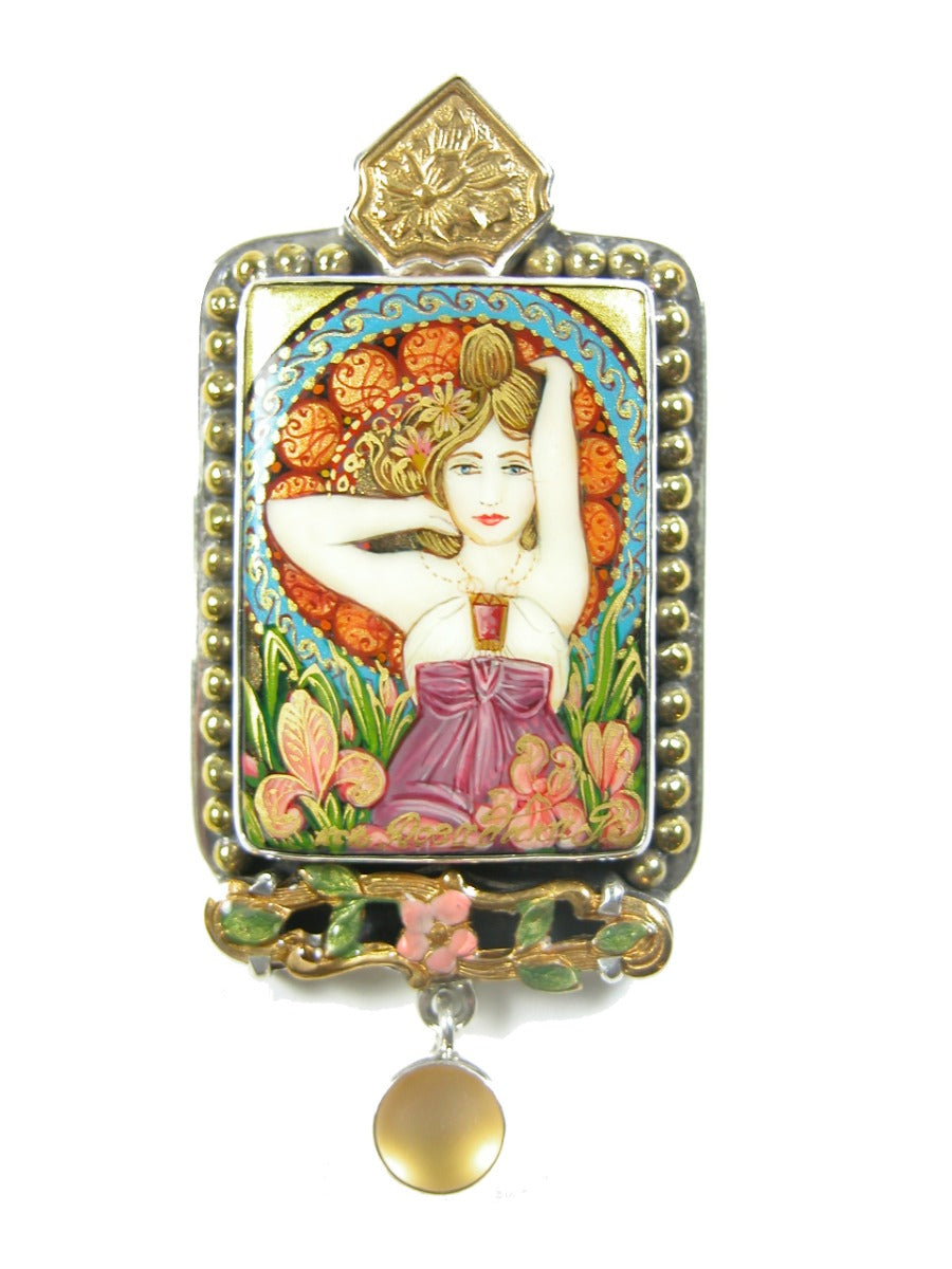 Hand Painted Mucha Miniature Enamel Sterling Silver Pin Pendant
