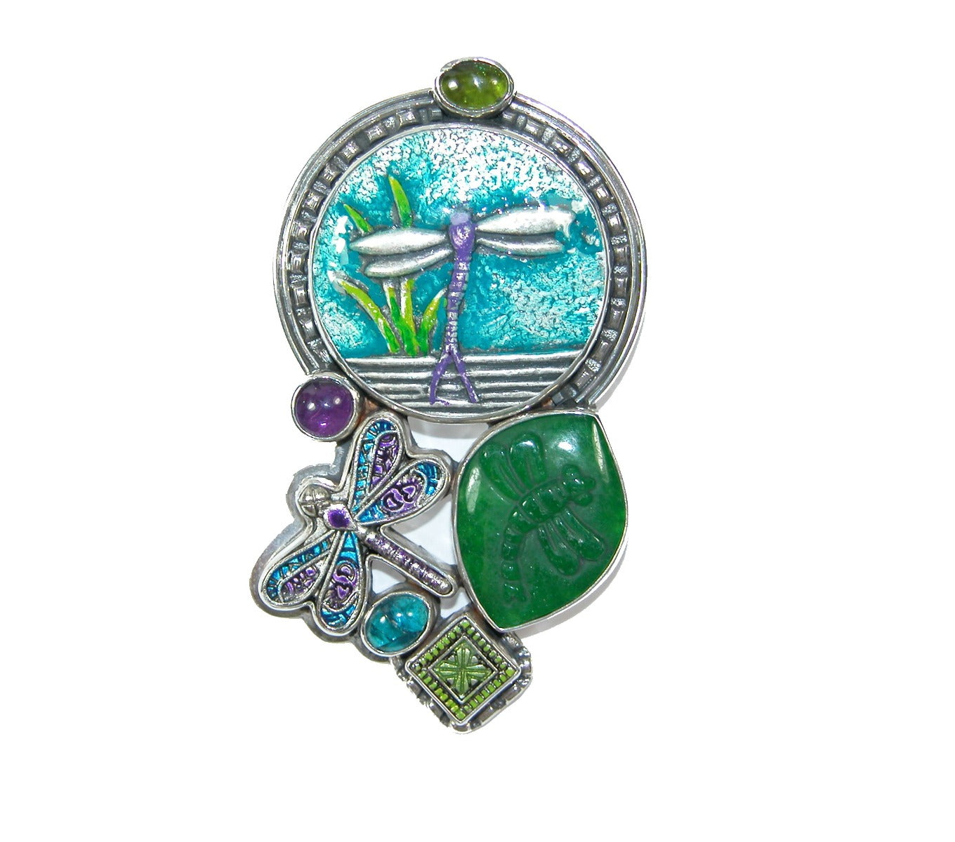 Enameled Dragonfly Amethyst Apatite Vesuvanite Sterling Silver Pin/Pendant