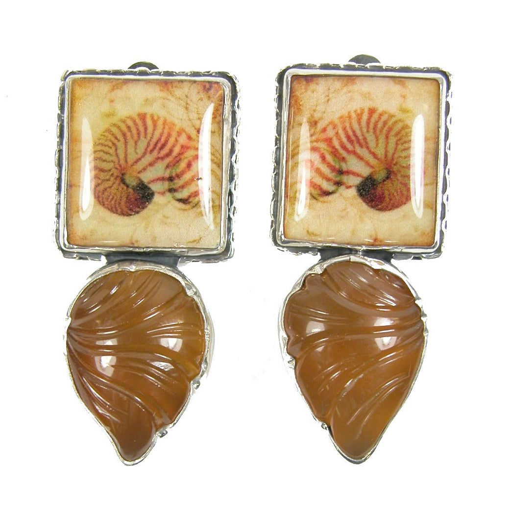 30507 Handmade Tile and Carnelian on Sterling Silver Clip-On Earring