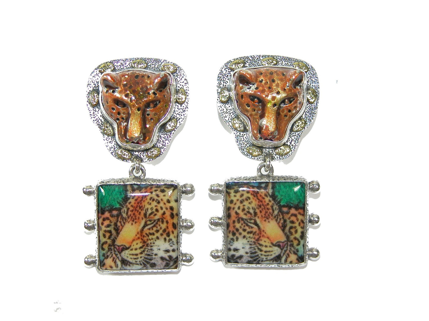 Handmade Leopard Tile with Enamel on Sterling Silver Earrings