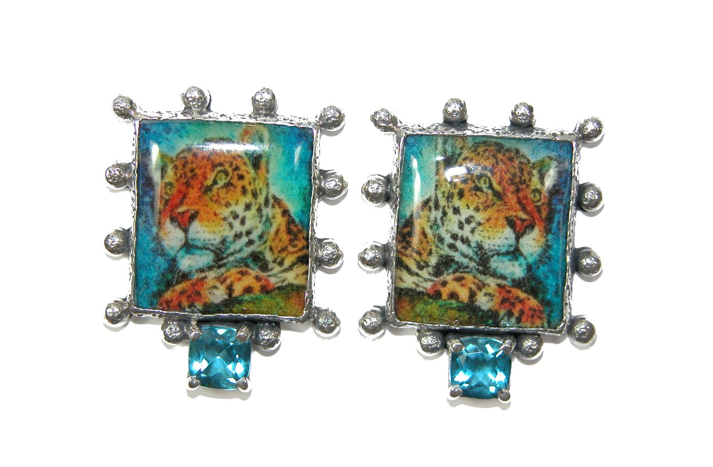 Handmade Tile with Blue Topaz Sterling Silver Earring