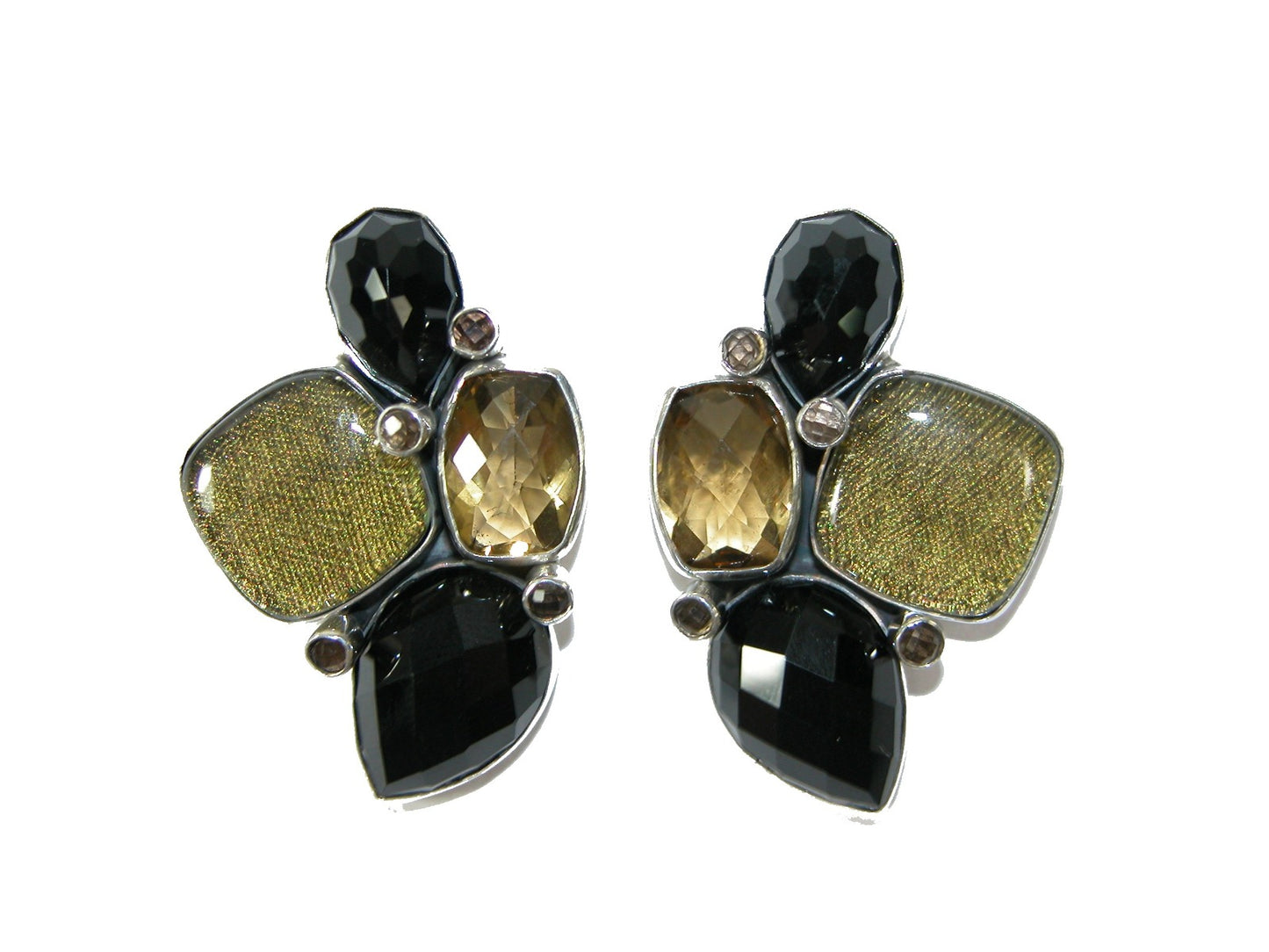 30526 Black Onyx Tapestry Under Quartz Smokey Quartz Earring