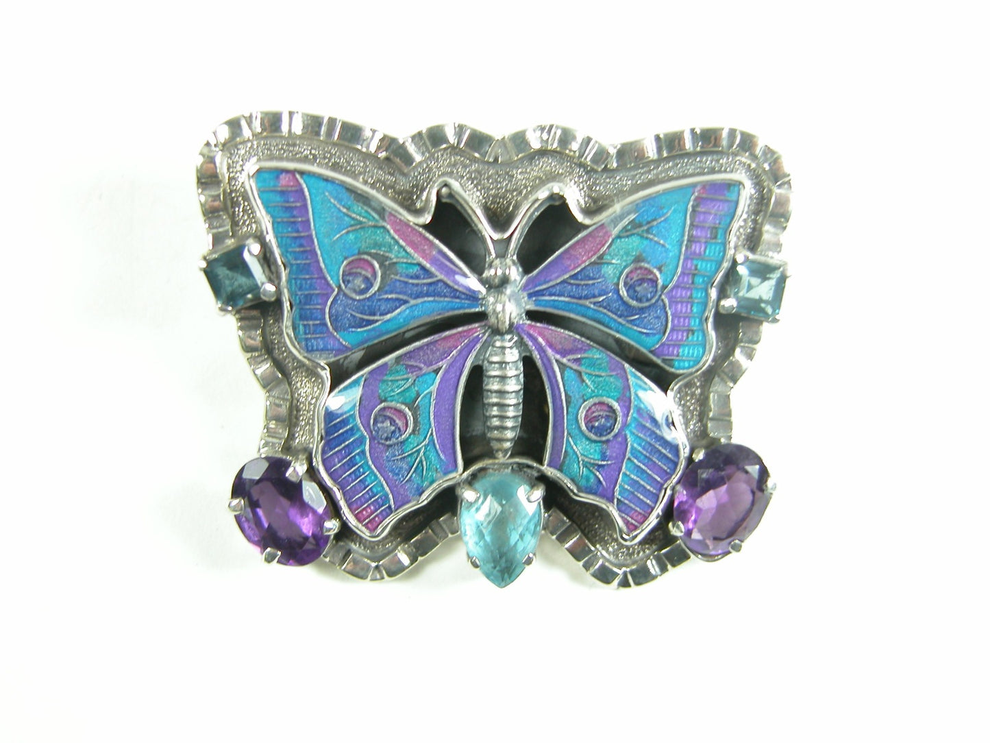 30538 Hand-enameled Butterfly, Blue Topaz, Amethyst and Sterling Silver Pin/Pendant