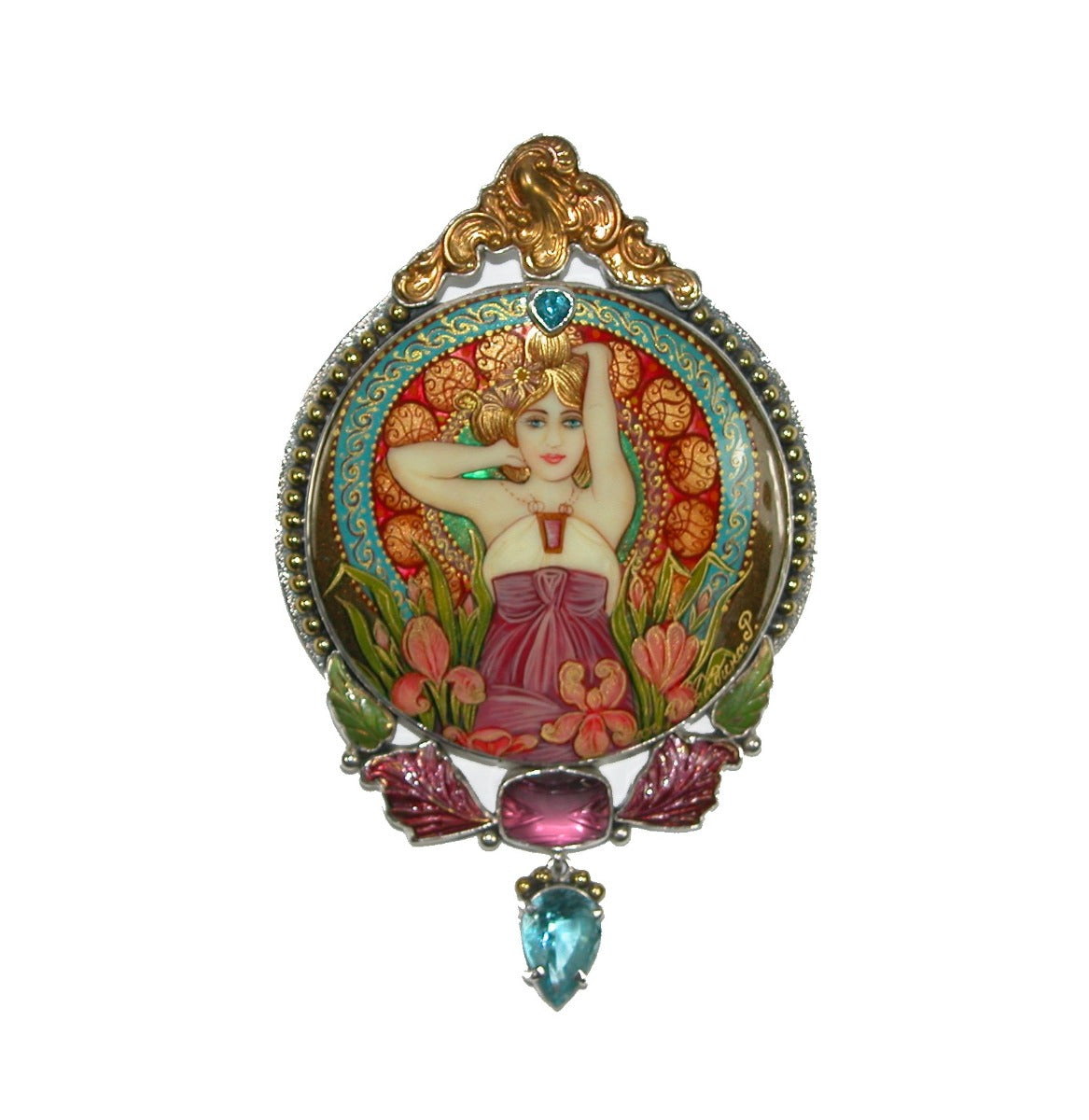 Hand Painted Miniature Lady on Mother of Pearl Sterling Silver Pin Pedant