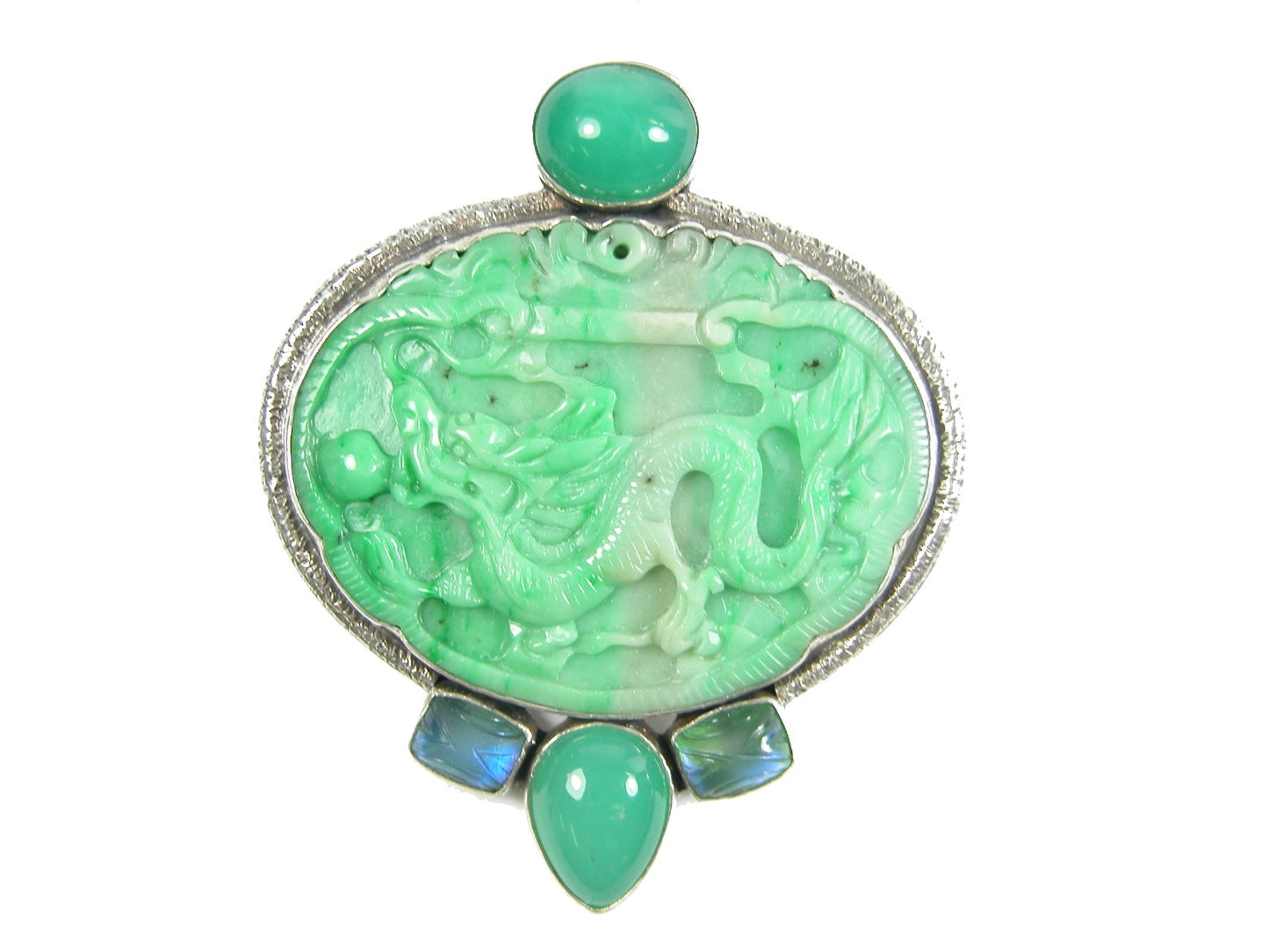 Carved Dragon on Jade with Chrysoprase Sterling Silver Pin Pendant