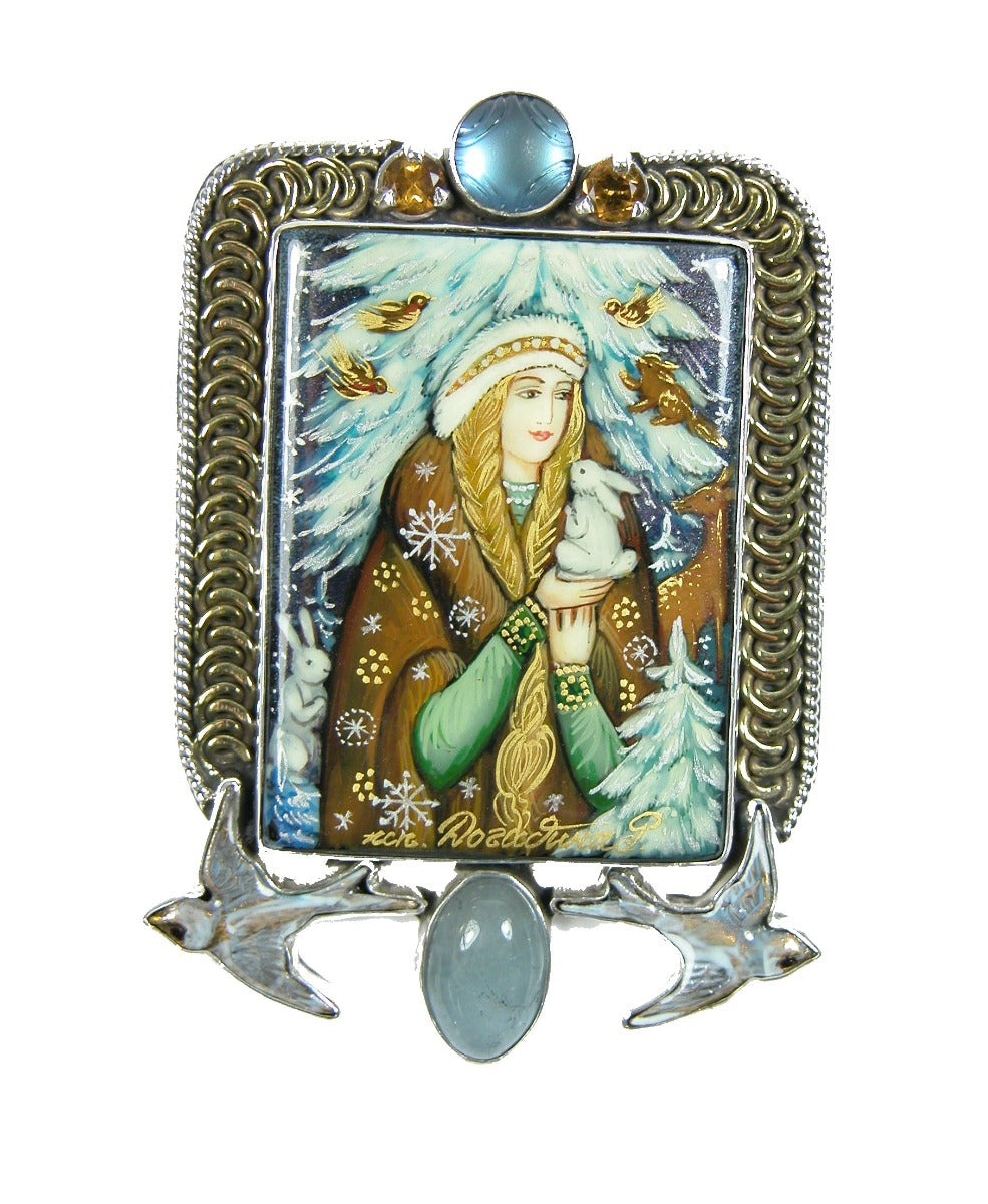 Hand Painted Miniature with Aquamarine Pin and Pendant
