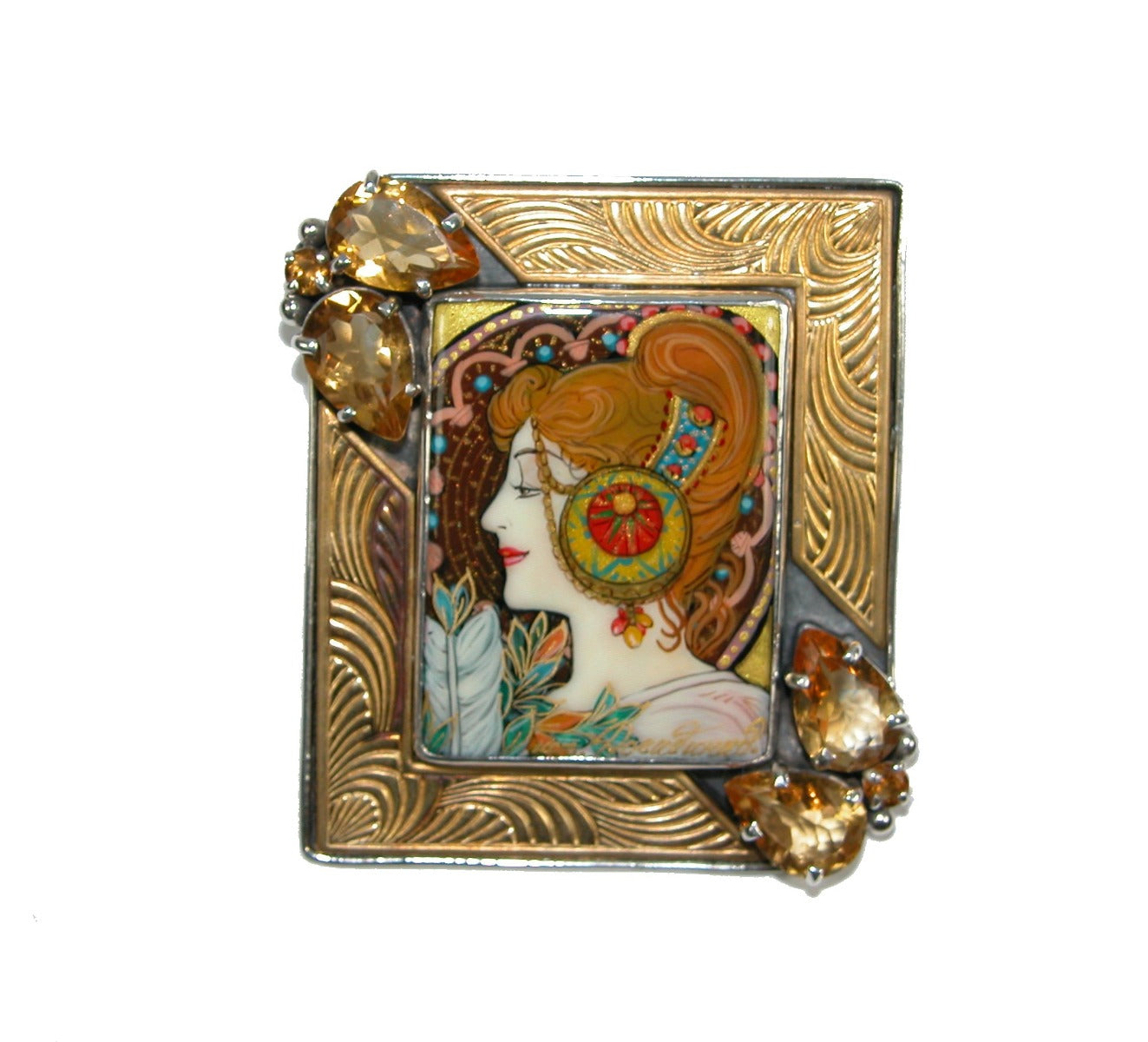 Hand Painted Lady with Citrine Sterling Silver Pin Pendant