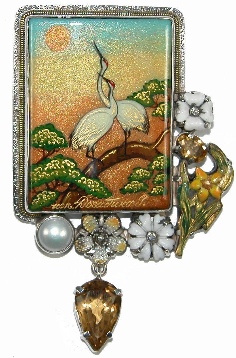 Painted Crane Miniature Citrine Enamel Flower Sterling Silver Pin Pendant