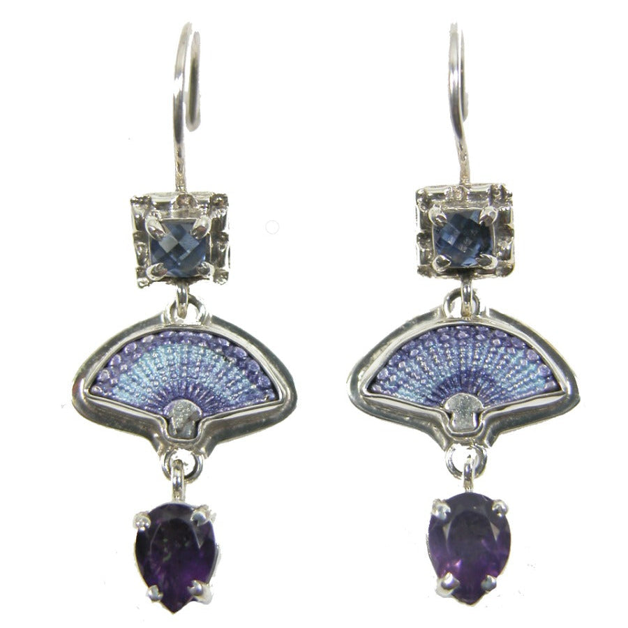 30762 Enamel Fan Amethyst Quartz Lever Back Earring