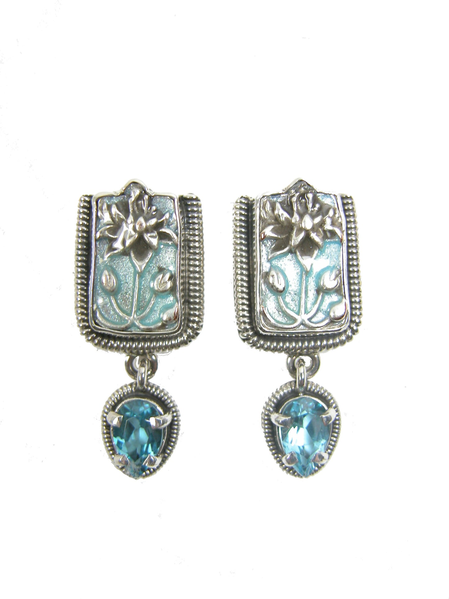 Hand Enameled Floral with Blue Topaz Dangle Sterling Silver Earrings