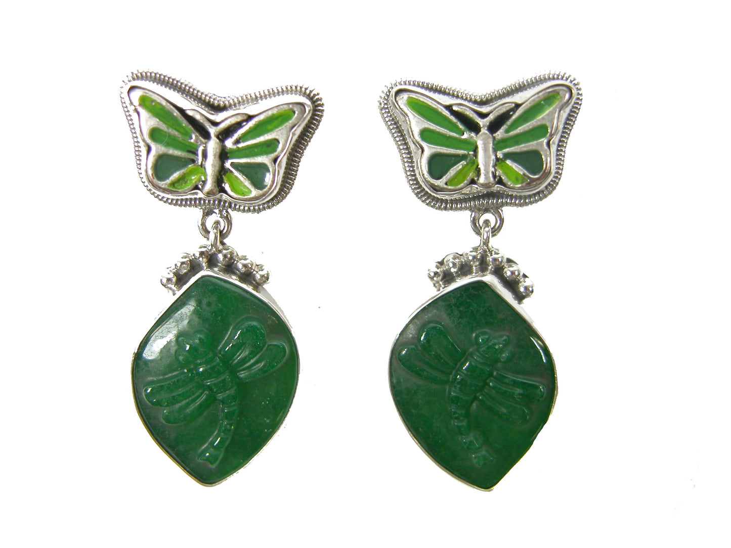 30771 Hand Enamel Butterfly Green Agate Sterling Silver Earrings