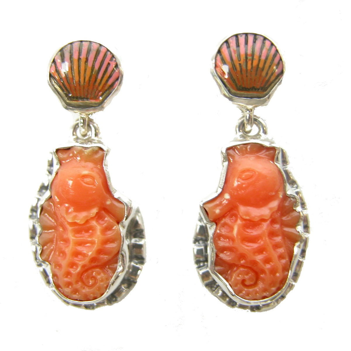 30772 Carved Seahorse Hand Enameled Starfish Sterling Silver Earrings
