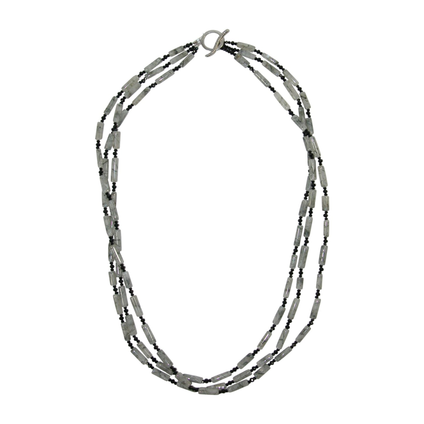 307798 Quartz Onyx Three Strand Beaded Sterling Silver Necklace