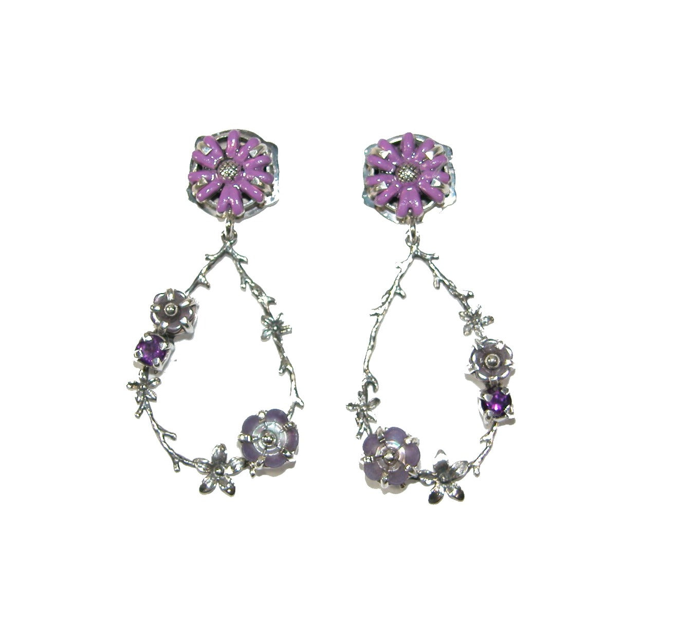 30796C Hand Painted Enamel Flower with Amethyst and Glass Earring