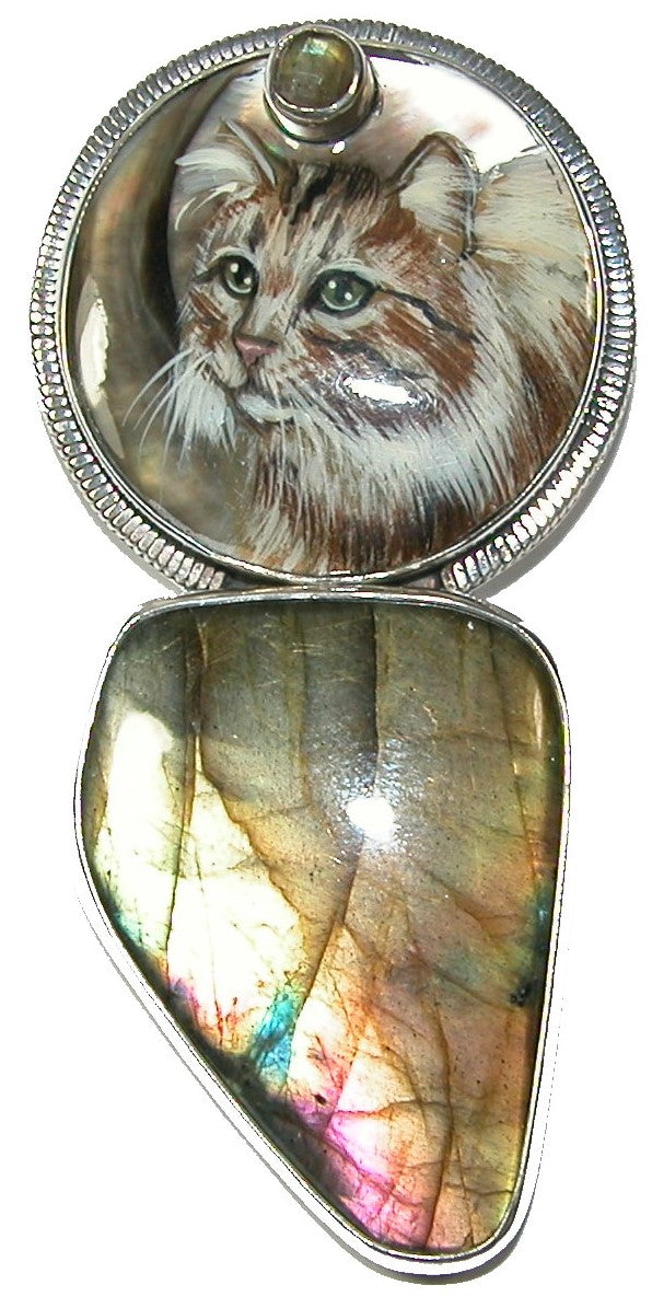 Hand Painted Car on Mother of Pear with Labradorite Pin Pendant