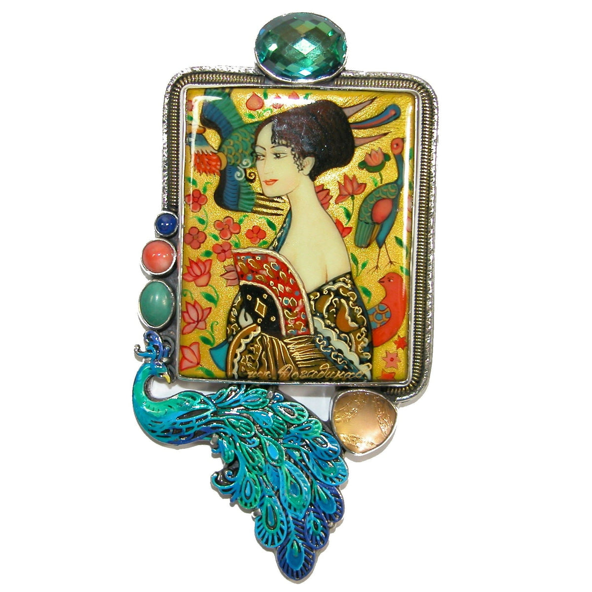 30842 Hand Painted Lady Miniature on Black Onyx, Lapis Sterling Silver Pin Pendant