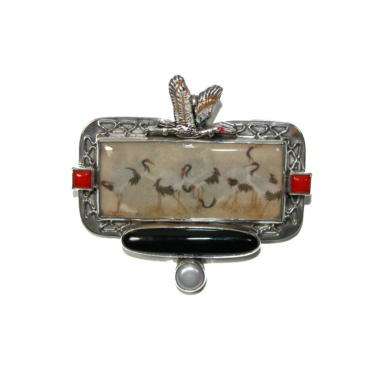 30843 Black Onyx, Crane Hand Made Tile Sterling Silver Pin and Pendant