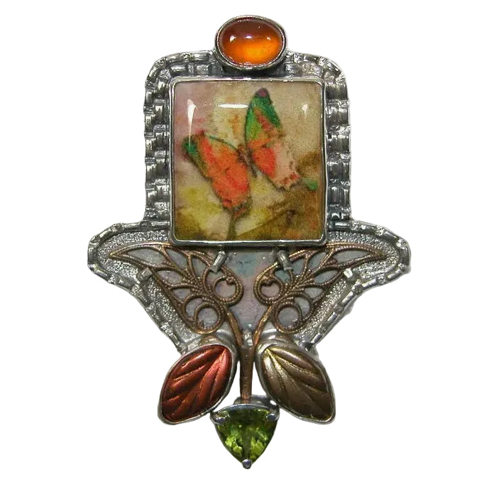 30846 Handmade Tile Butterfly Sterling Silver Pin / Pendant