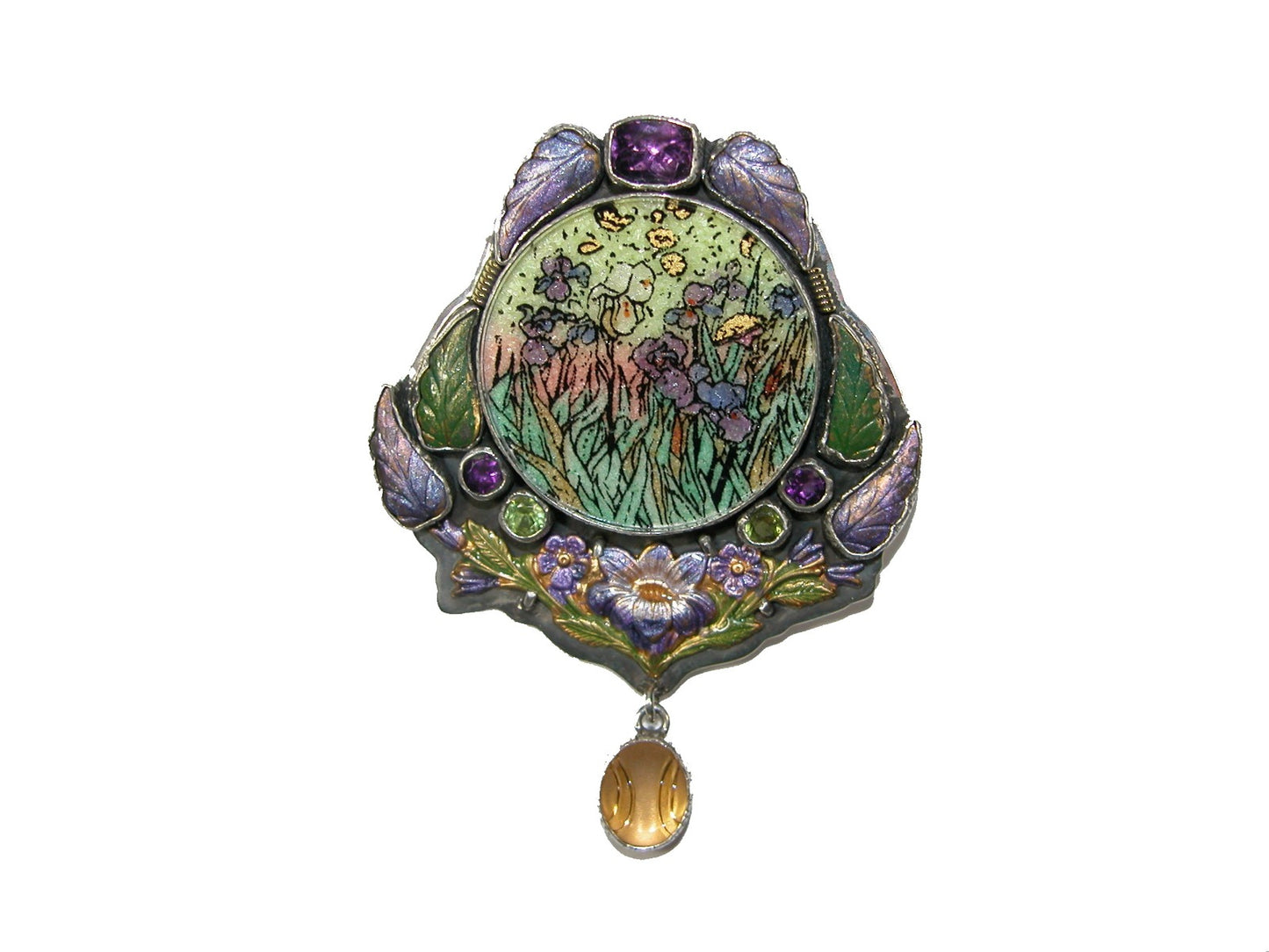 Mosaic Amethyst Enamel Gold Under Quartz Pin Pendant