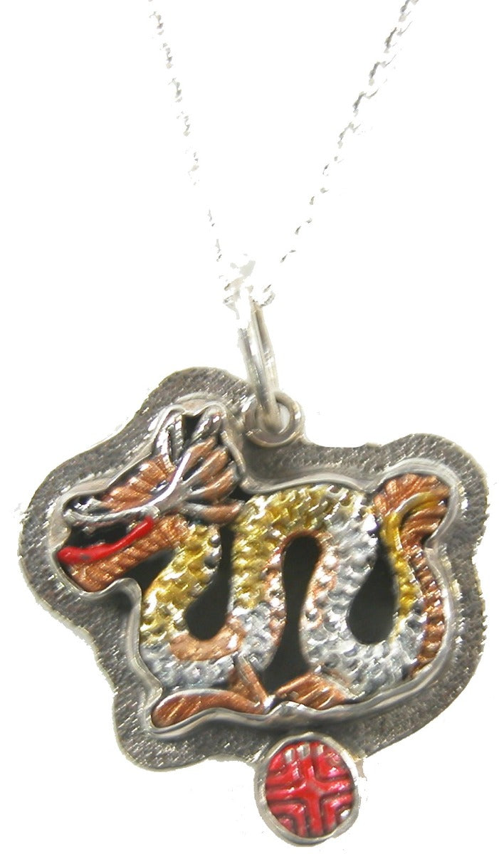 Hand Enamel Dragon Pendant Sterling Silver Necklace