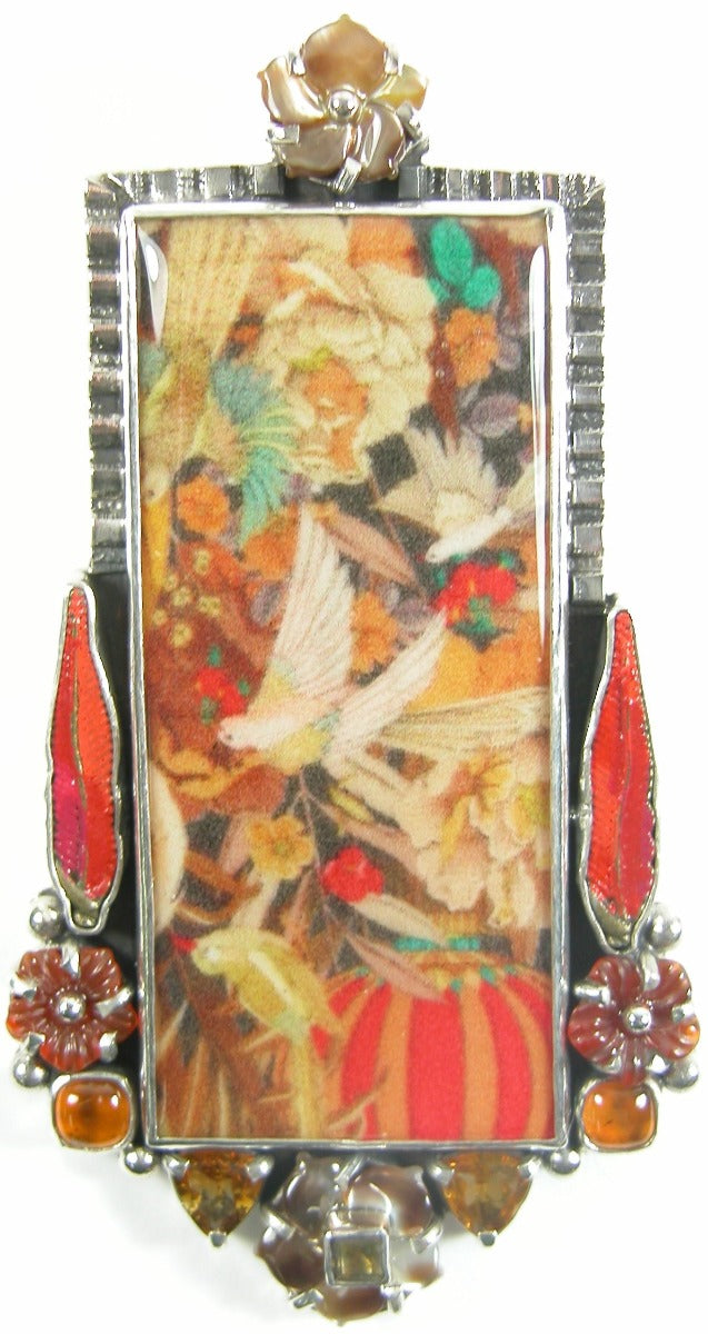 30872 Handmade Bird Tile Citrine Hessonite Sterling Silver Pin Pendant